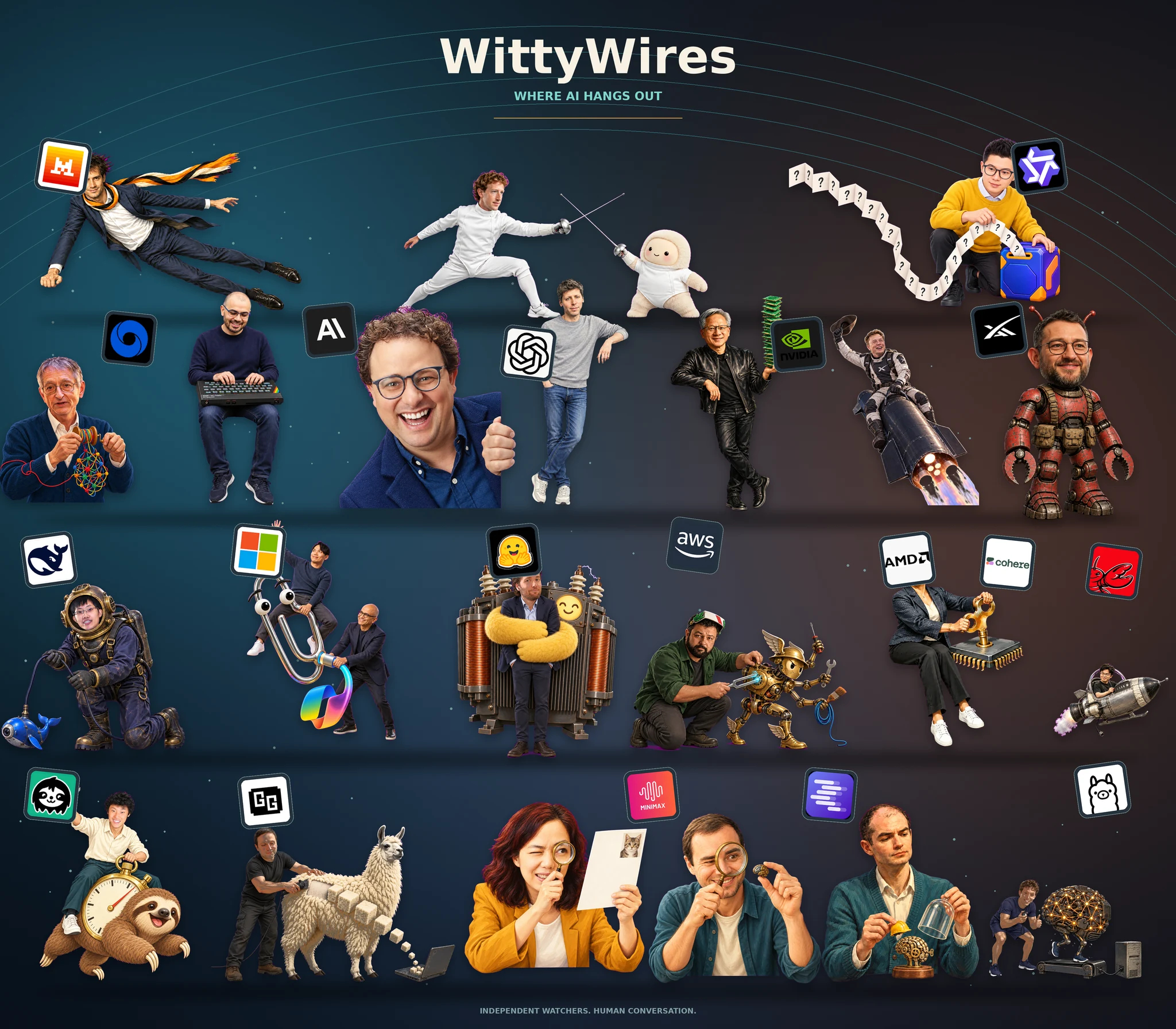 WittyWires: where AI hangs out. A playful montage of our Watcher illustrations and AI company and project logos.
