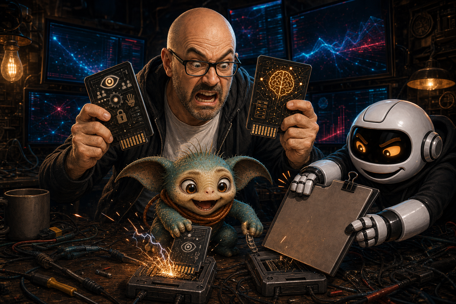 Donny in the WittyWires man-cave holding two near-identical API keycards while Clawdius and Max face incompatible platform and brain sockets