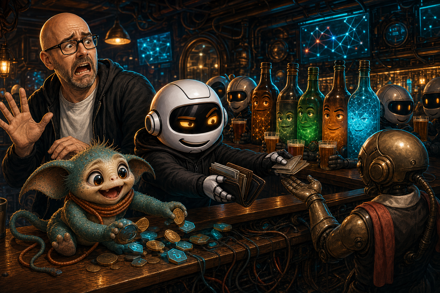 Clawdius buying rounds for expensive AI models in a neon pub while Donny panics