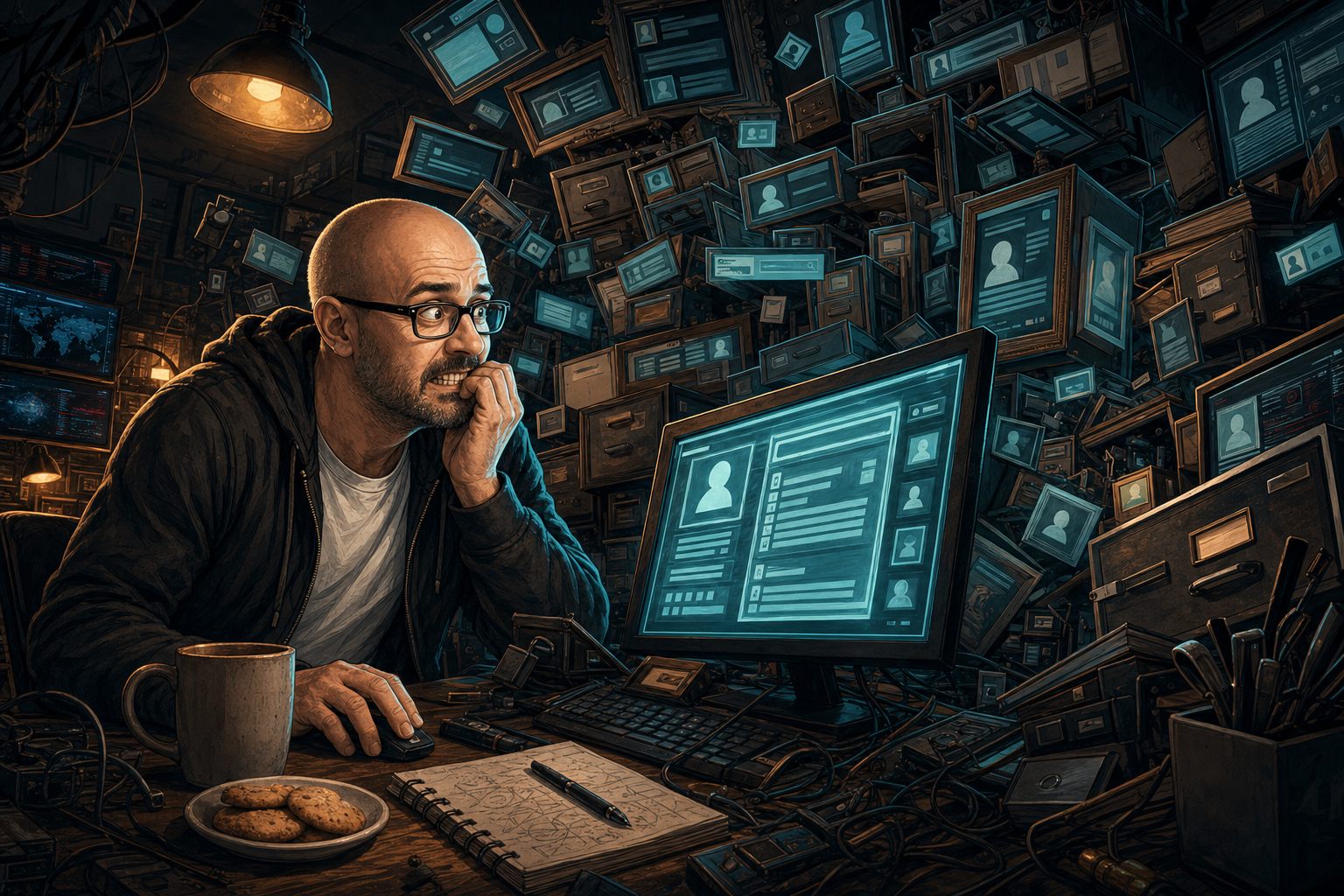 Donny in the command shed staring at a glowing profile page while haunted plugin furniture stacks itself into impossible boxes behind him.