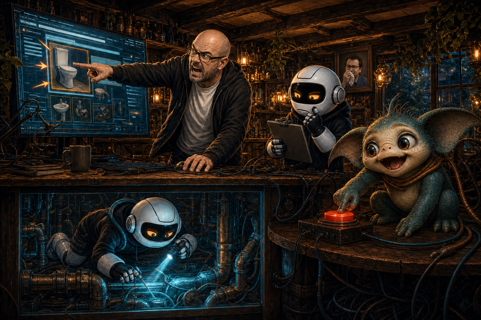 Donny points at a search problem while Clawdius inspects the wrong plumbing and Max lurks near the red button inside the WittyWires AI pub.