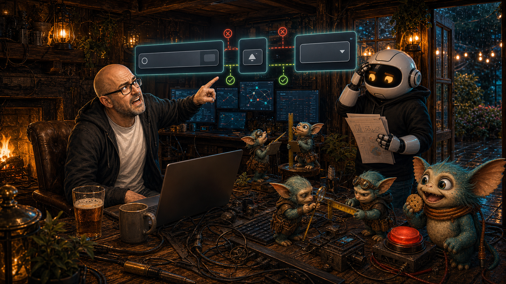 Donny points at a broken Activity search toolbar while scout goblins measure the wrong gap inside the WittyWires pub-shed.