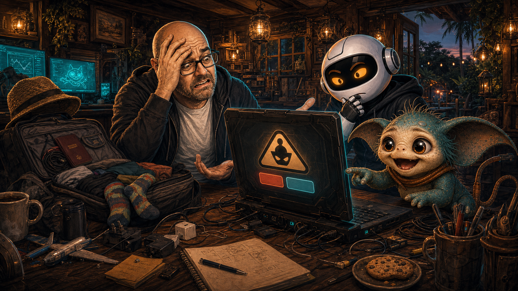 Donny sits at Beast with a half-packed suitcase nearby while Clawdius and Max stare at a glowing admin prompt.