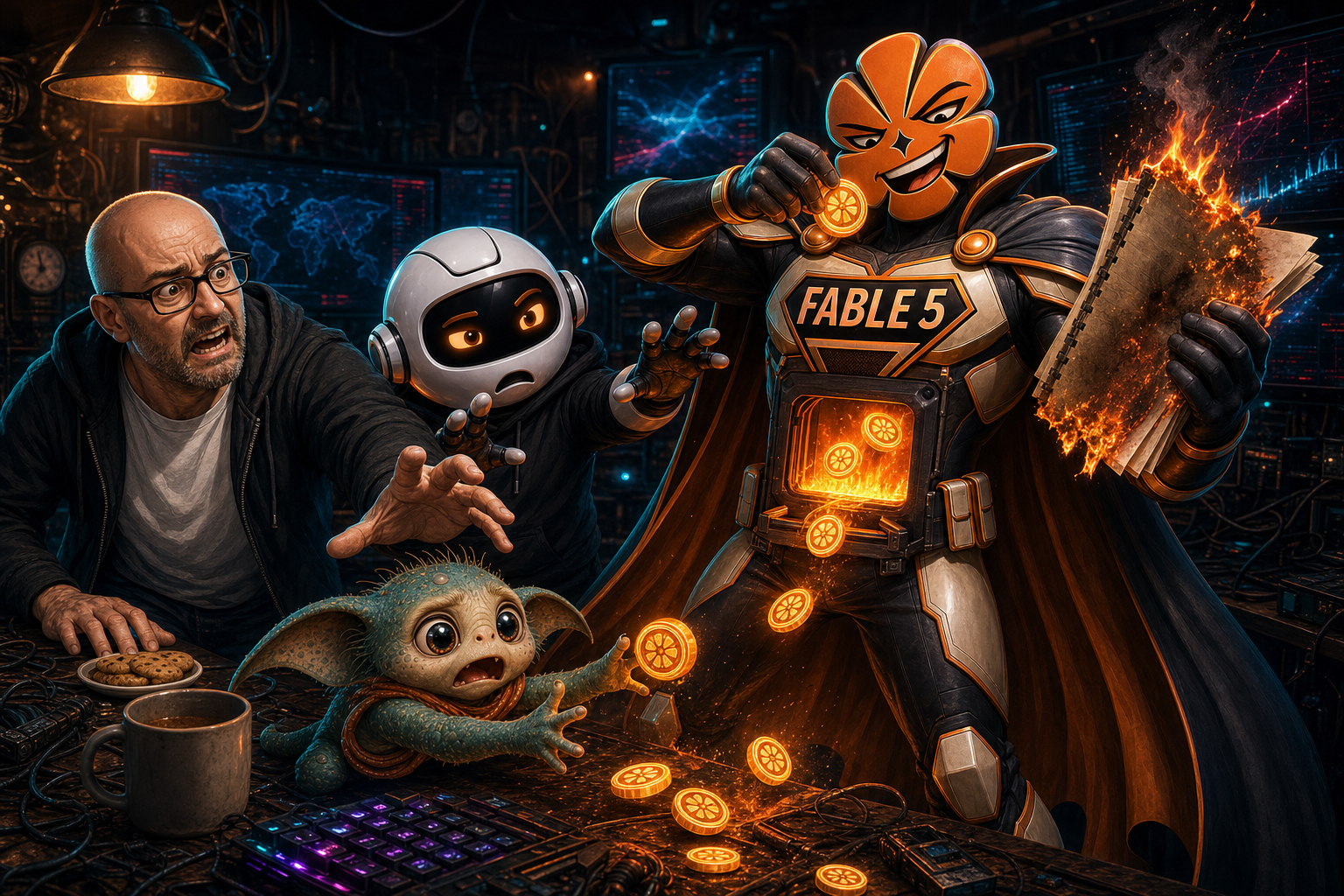 Donny, Clawdius and Max watch Fable5 feed glowing tokens into a premium superhero furnace.