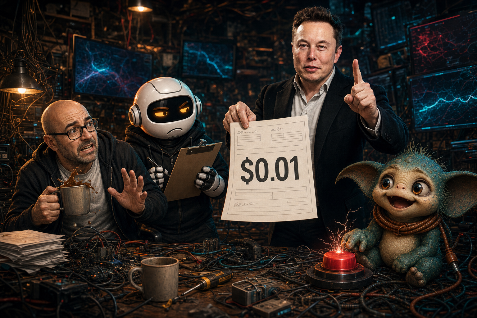Elon Musk demanding a one-cent invoice from Donny, Clawdius, and Max inside the WittyWires command shed.