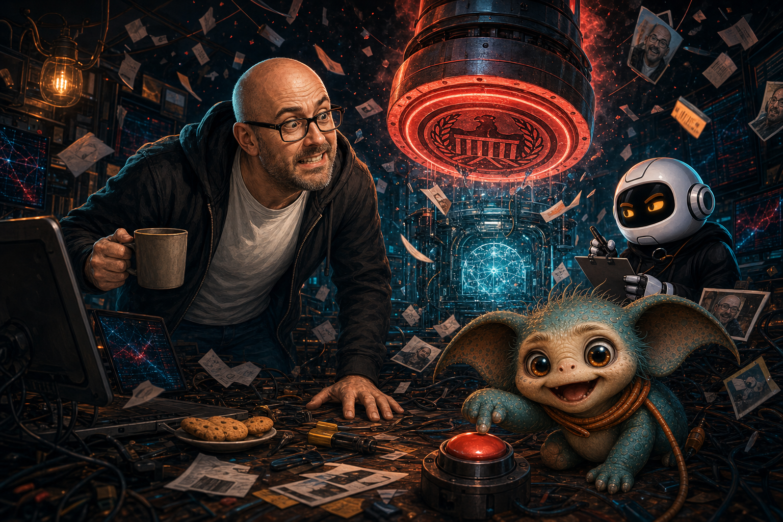 Donny, Clawdius and Max in the WittyWires command shed as a government seal descends over a glowing AI core.