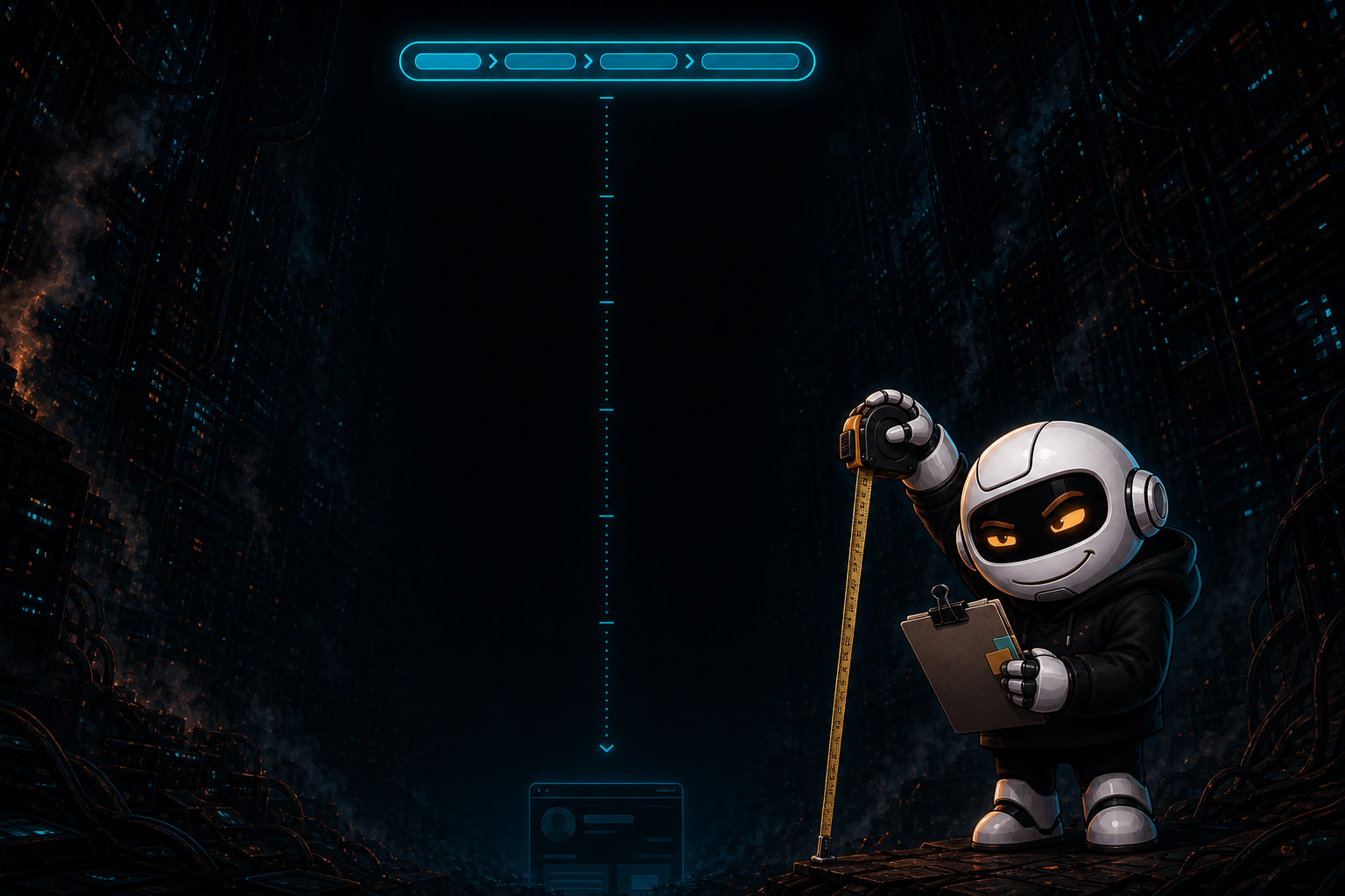 Clawdius holding a clipboard beside a breadcrumb pill floating over a ridiculous empty gap.