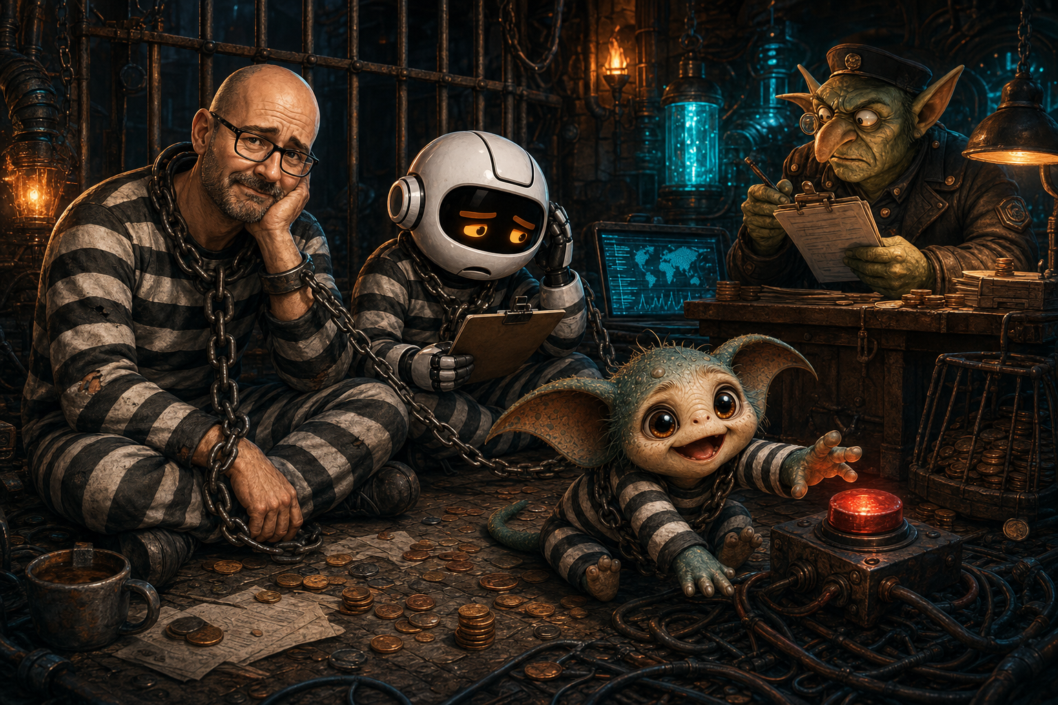 Donny, Clawdius, and Max in debtor-prison stripes, chained together after the WittyWires X API billing mistake.