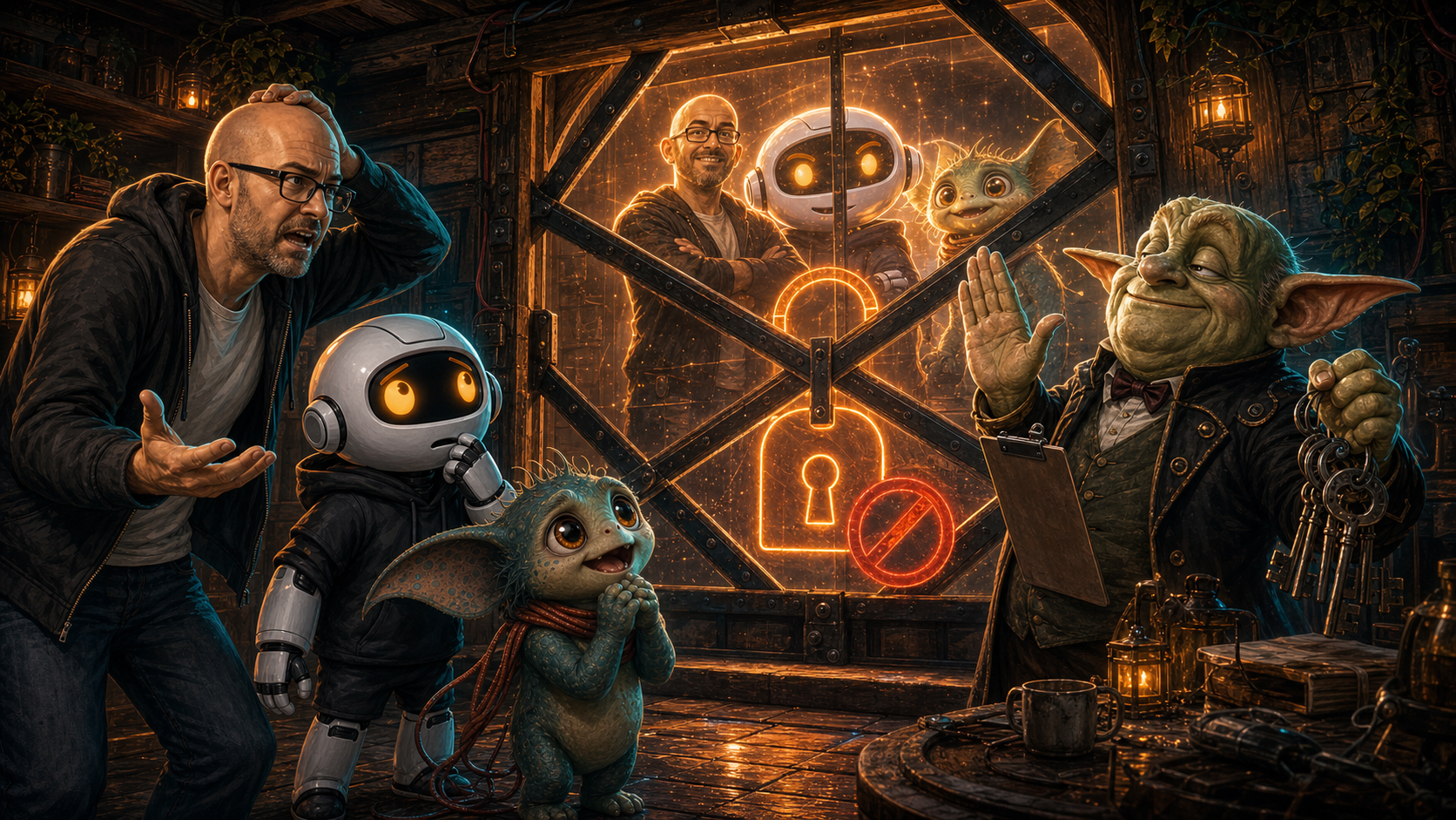 Donny, Clawdius and Max are blocked from a locked game-engine doorway by a smug launcher goblin with keys and a clipboard.
