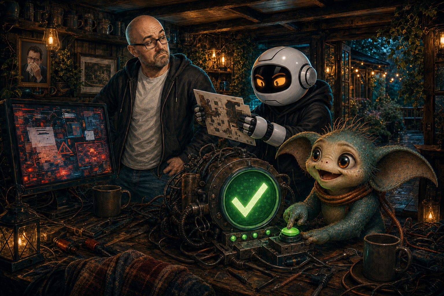A smug green tick approves the wrong thing while Donny, Clawdius and Max stare at the contradiction in the WittyWires pub.