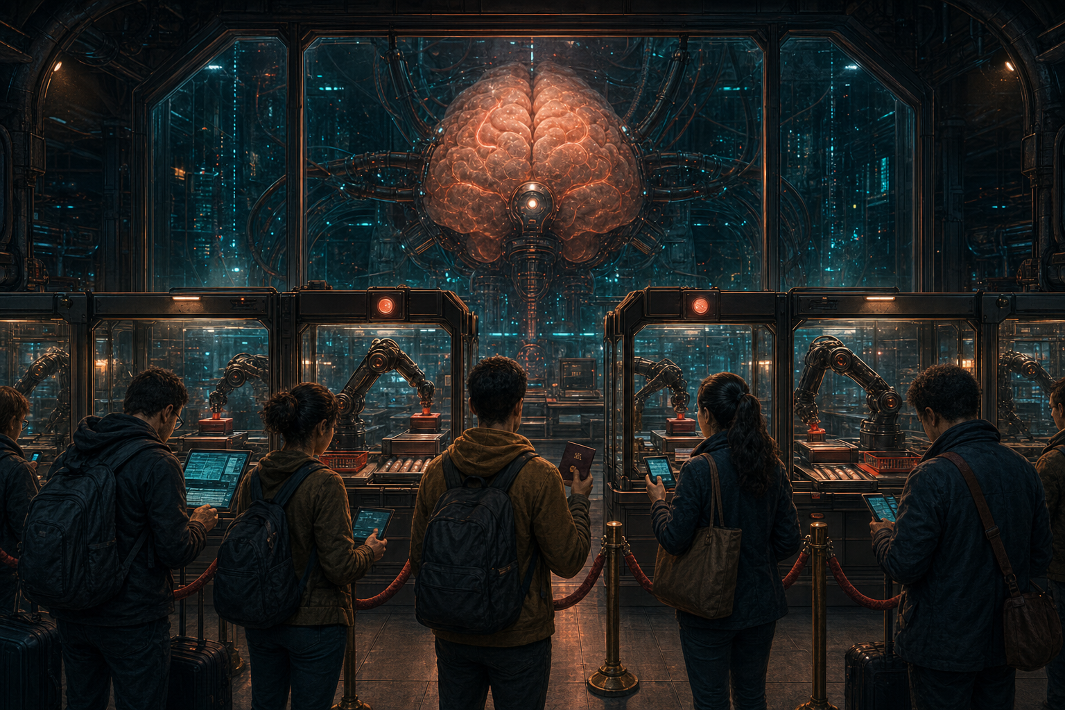 A futuristic passport-control desk for AI models, with users queueing beneath a glowing brain behind glass.