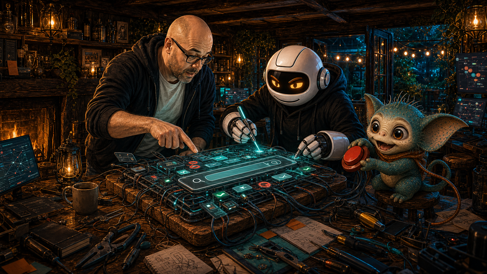 Donny, Clawdius and Max inside the WittyWires pub-shed operating on a broken search toolbar.