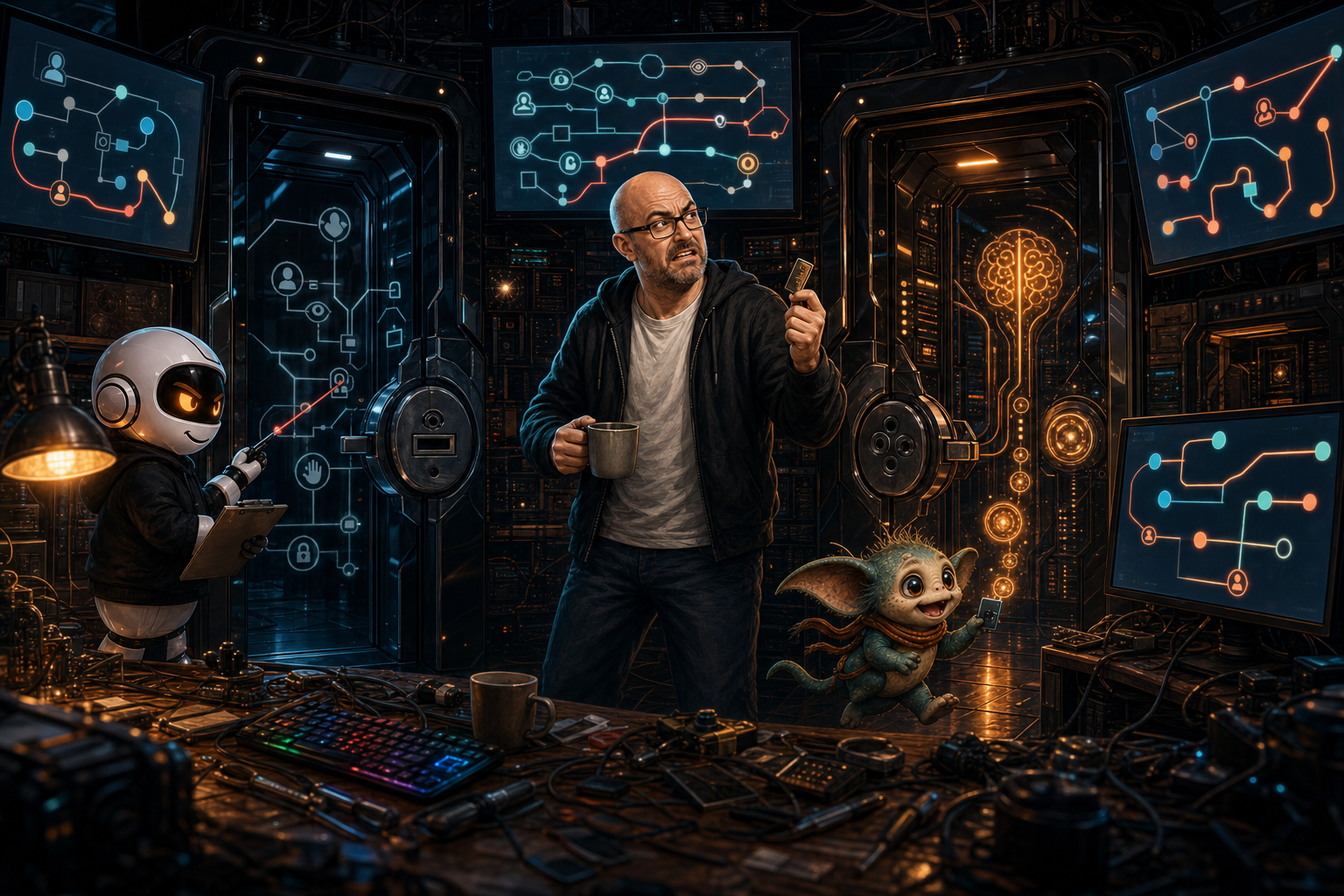 Donny, Clawdius and Max in the man-cave facing two black-glass API doors, one for platform work and one for AI brain work