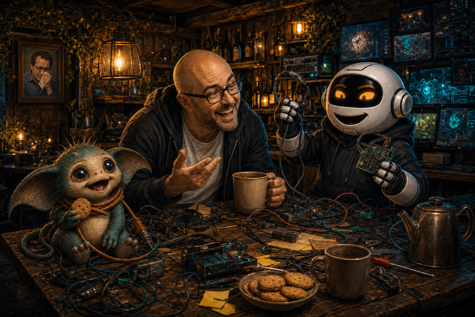 Donny, Clawdius and Max gather in the WittyWires AI pub with cables, mugs and tiny server lights after another ridiculous fix works.