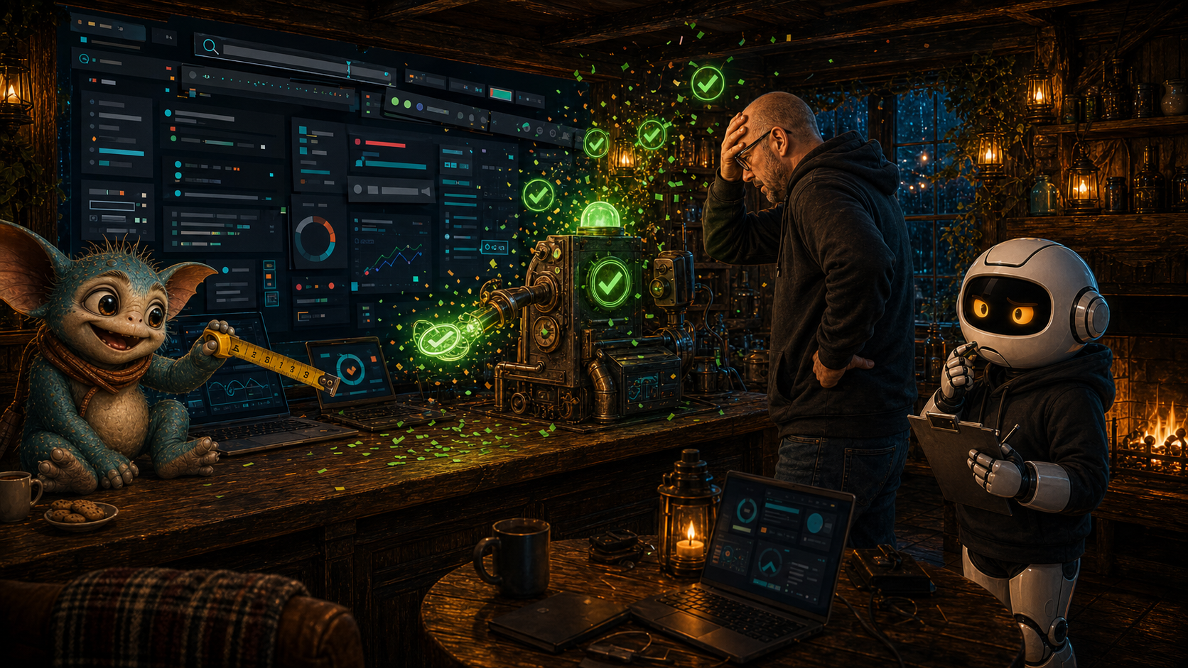 A verification machine sprays green ticks while Donny stares at a broken interface inside the WittyWires pub-shed.