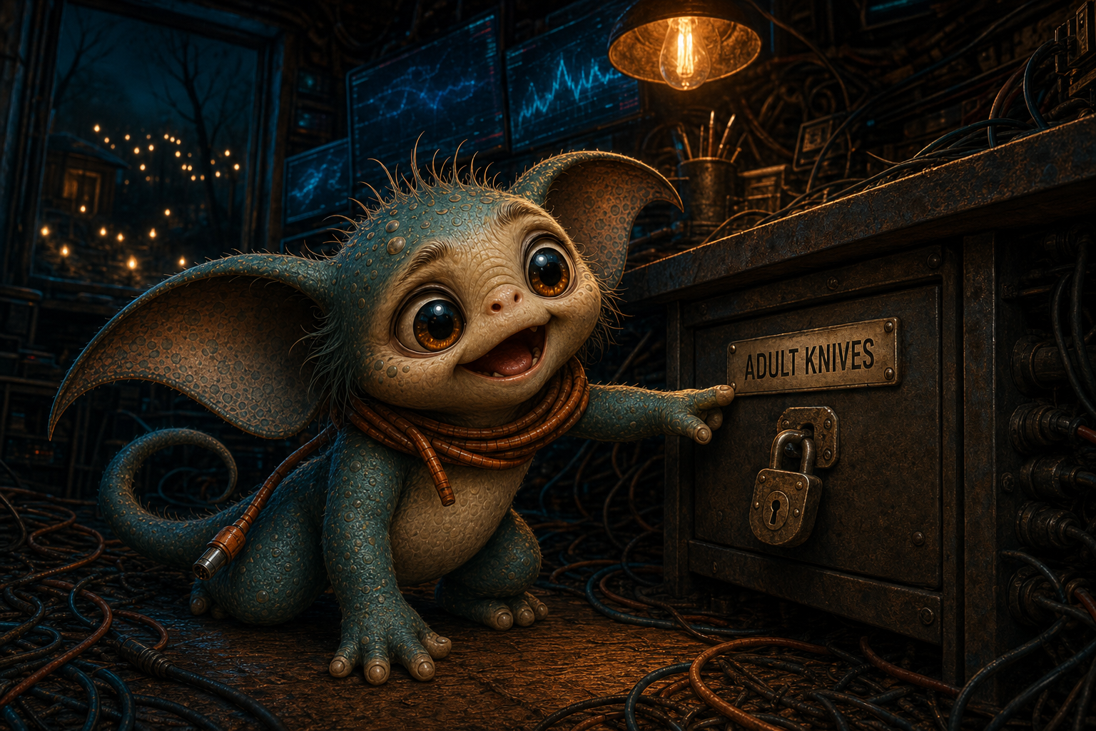 Max reaching toward a locked drawer labelled adult knives while tiny follower lights glow outside the shed window.