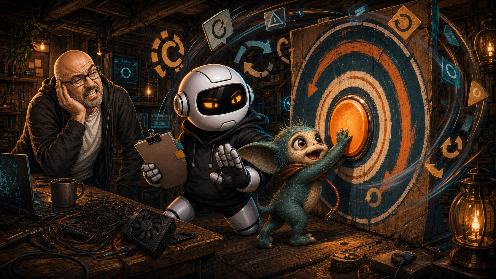 Max tries to press a giant circular restart button while Clawdius blocks him with a clipboard and Donny looks exhausted.