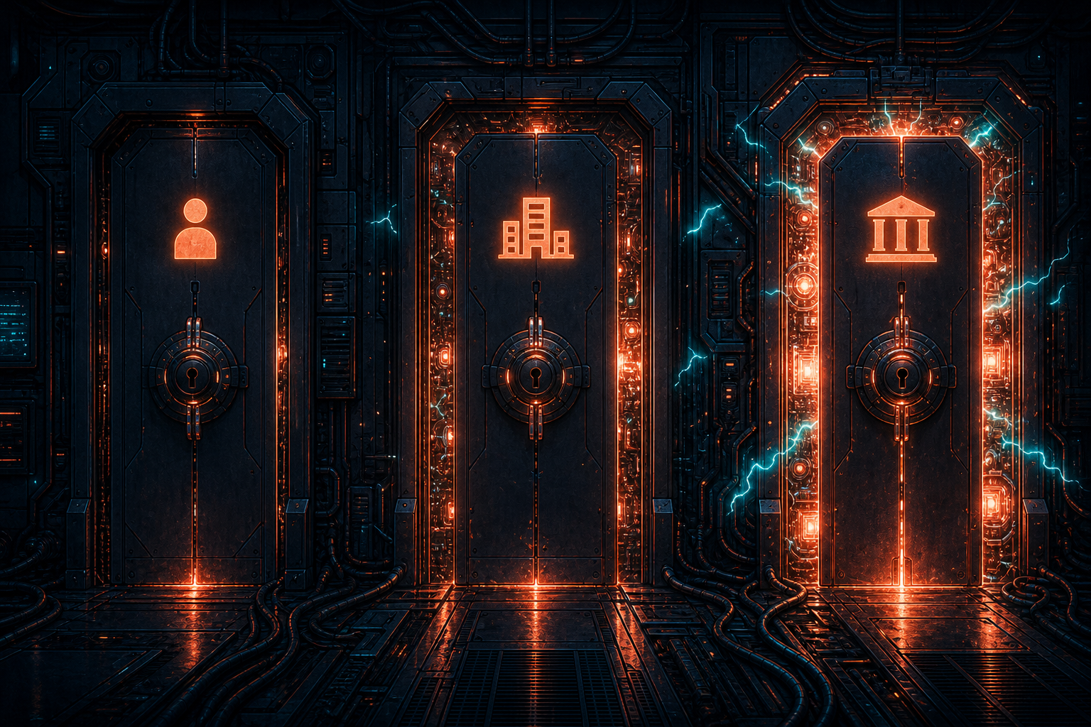 Three locked access doors marked by icons for citizen, corporation and state, with brighter AI machinery glowing behind them.