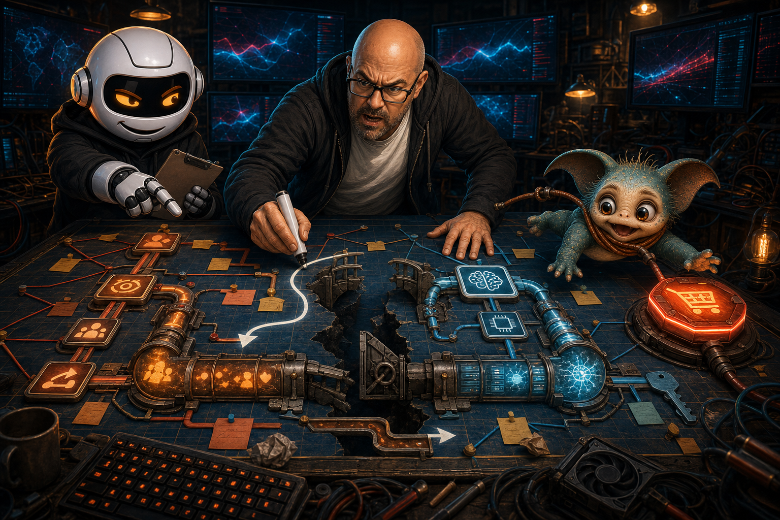 Donny, Clawdius and Max around a WittyWires man-cave crisis map showing two keys, two pipes, no shared wallet and a blocked transfer bridge