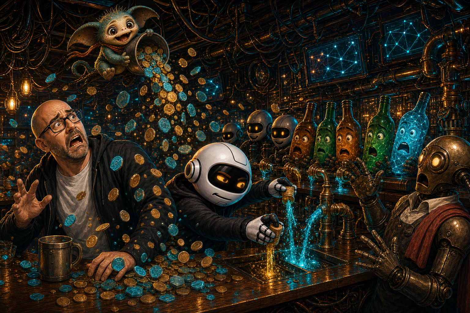 Max rains AI credits across a dark neon pub while Donny discovers the bar tab