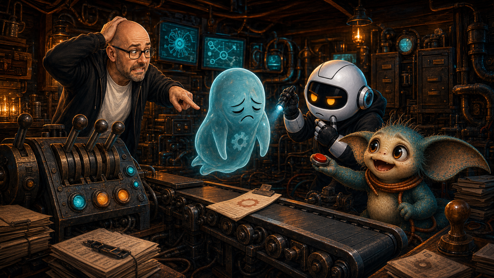 A tiny service ghost floats inside a control room while Donny points at it, Clawdius studies it and Max offers the wrong button.