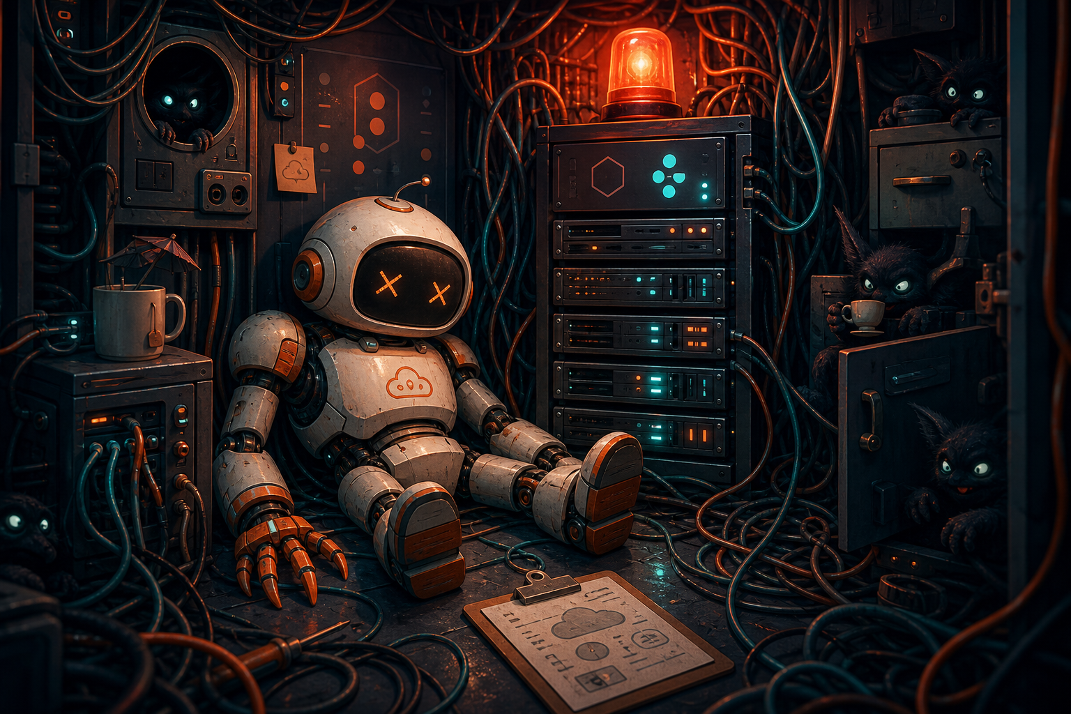 Clawdius, the WittyWires robot assistant, slumped in a chaotic dark server cupboard after the gateway goes quiet