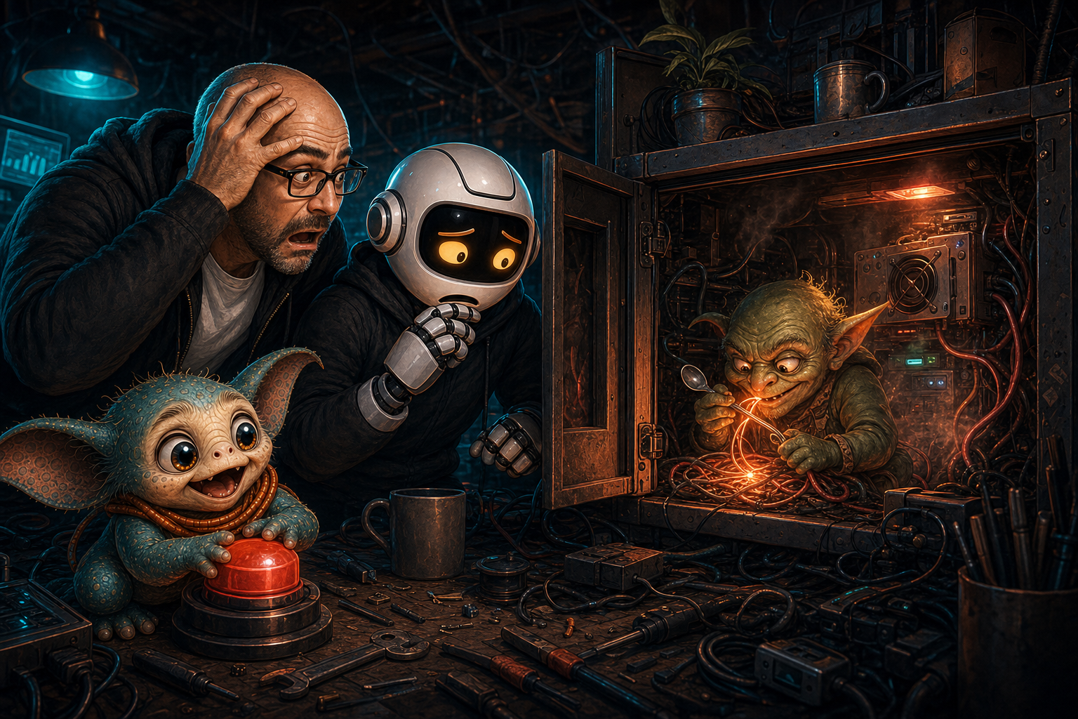 Donny and Clawdius discovering the cupboard goblin in the WittyWires command shed