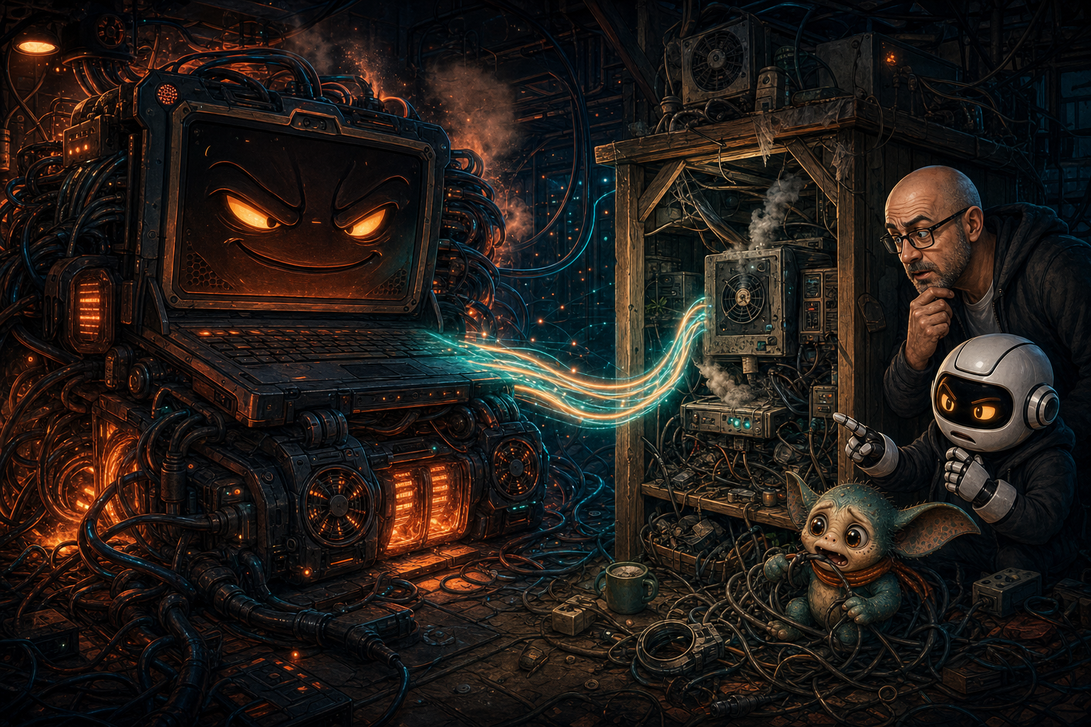 The Beast laptop sending model power through a tiny VPS while goblins worry about localhost