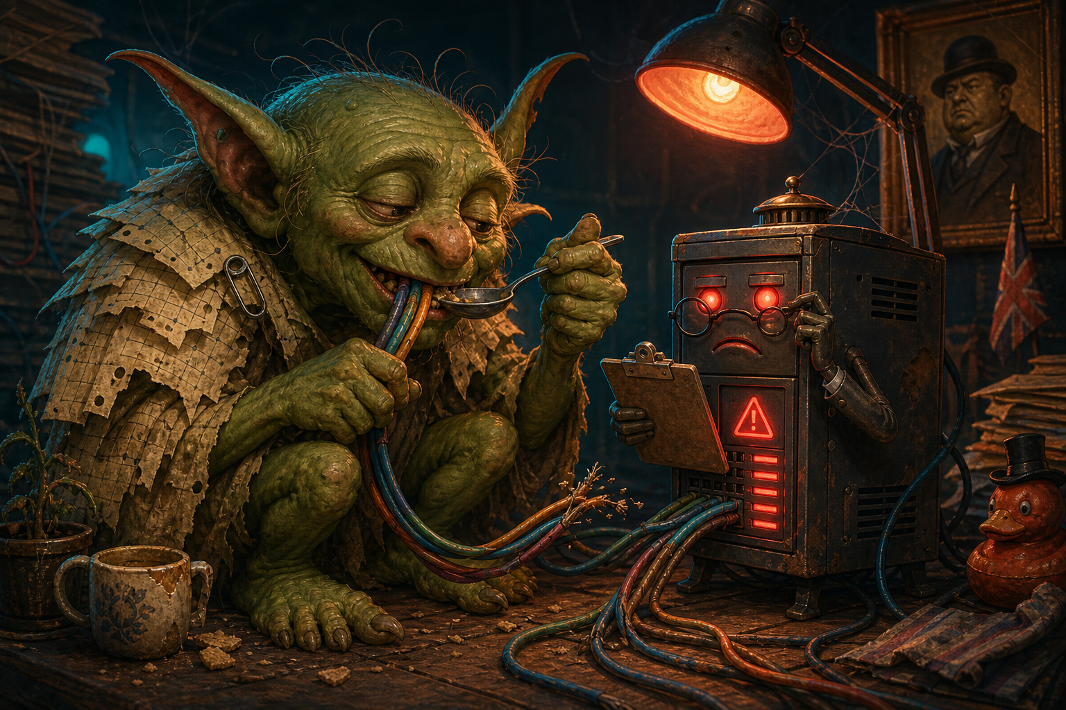 A green cupboard goblin chewing memory cables beside a tiny VPS server in a warm dark WittyWires scene