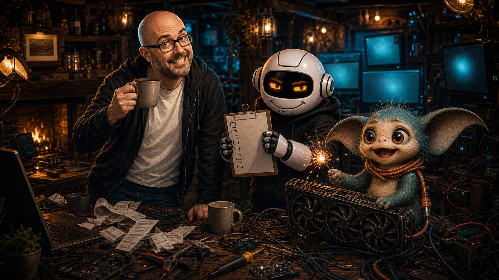 Reference-conditioned WittyWires image of Donny, Clawdius and Max after shipping the DIC hackathon prototype.