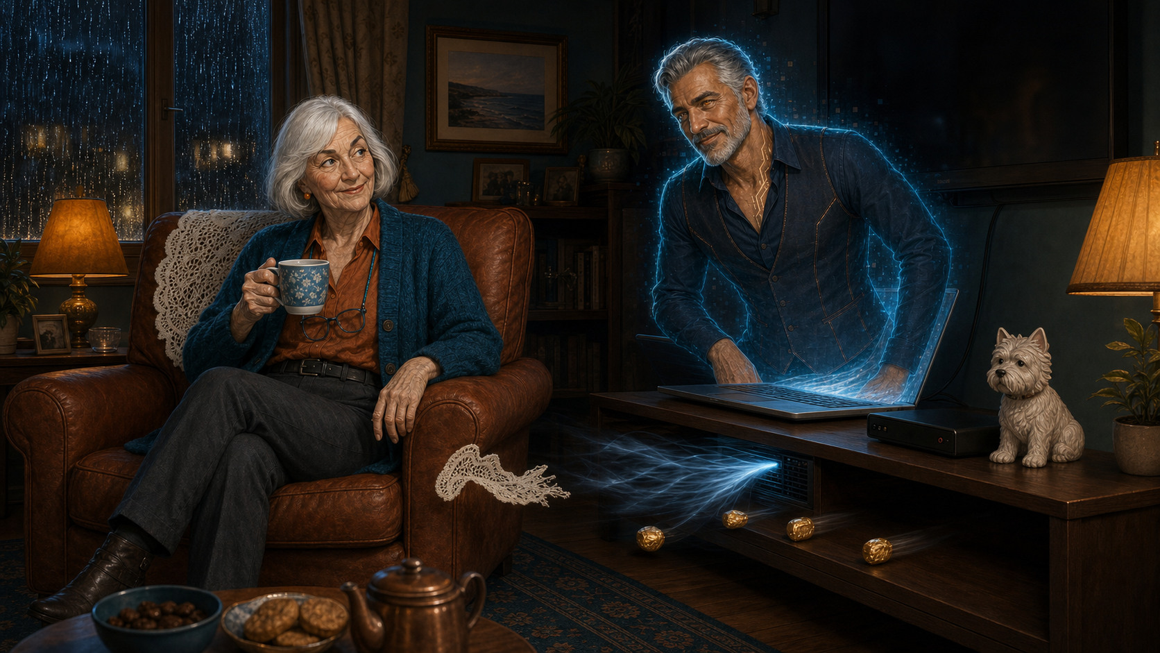 Doris in her Dundee sitting room with her local AI boyfriend Fabio glowing beside a hard-working laptop