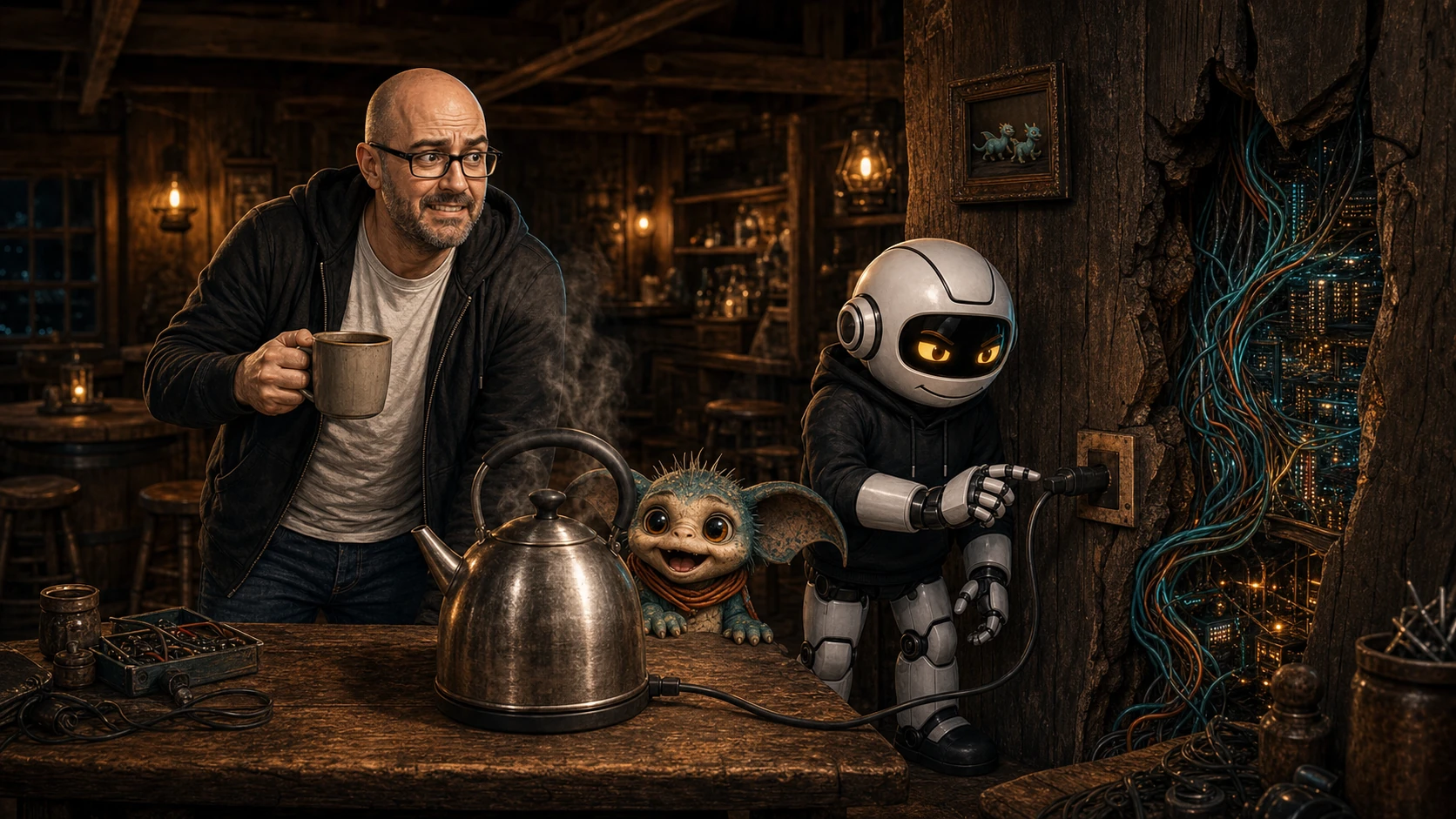 Donny, Clawdius and Max inspect a kettle whose power cable disappears into a hidden network inside the shed wall