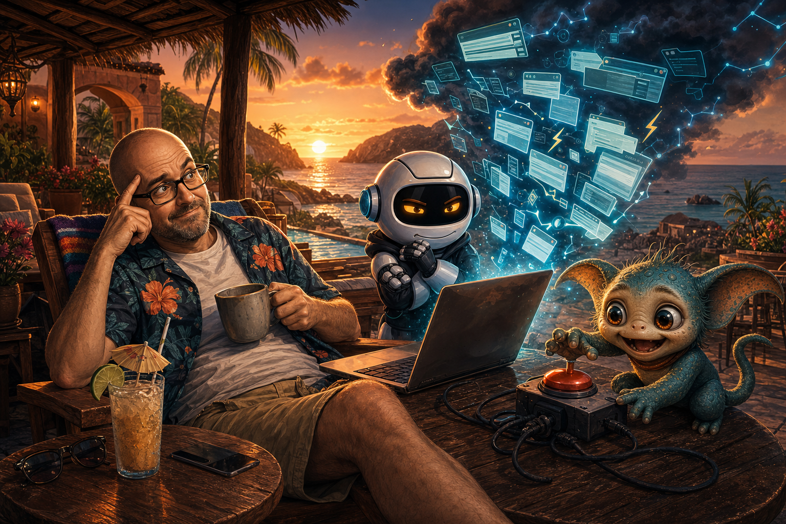 Donny trying to relax in Mexico while Clawdius, Max and a storm of glowing tabs gather around the laptop.