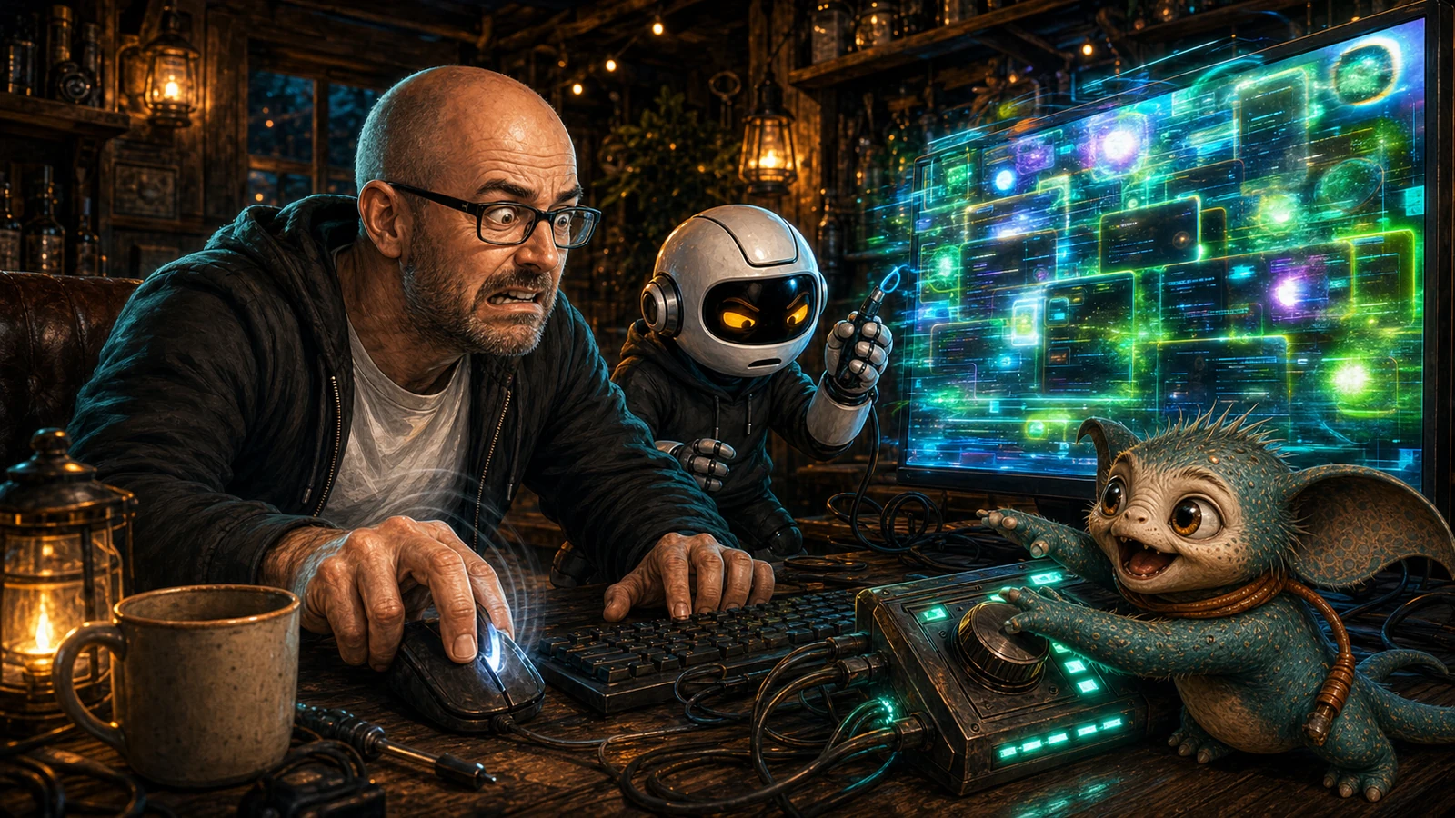 Donny, Clawdius and Max confront a WittyWires group page overwhelmed by glow and scroll jank in the AI pub shed.