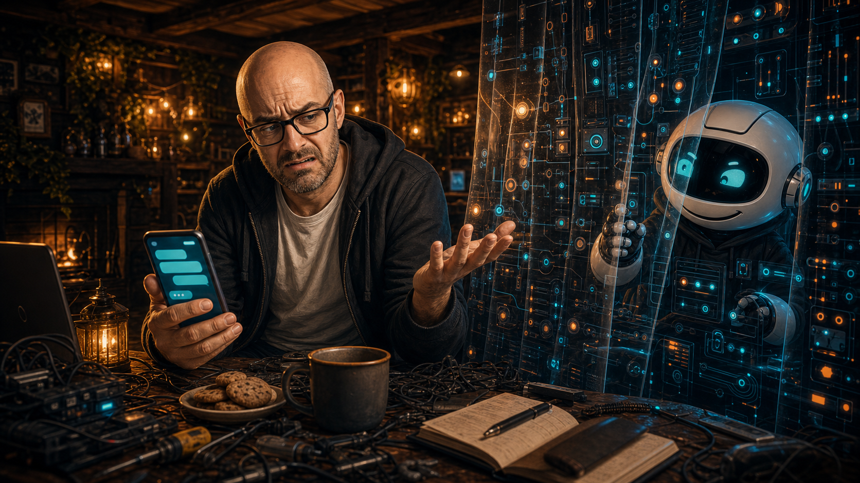 Donny staring at a silent Telegram chat while Clawdius waits behind a curtain of configuration switches.