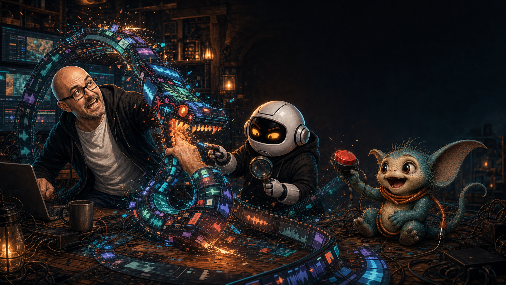 Donny, Clawdius and Max wrestle a glowing video-editing timeline that has become a product-shaped animal biting back.