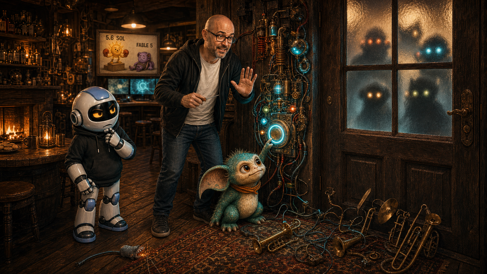Donny and the WittyWires Council agents gathered around a glowing doorbell in the AI pub shed, with a 5.6 SOL versus Fable5 poster on the wall.