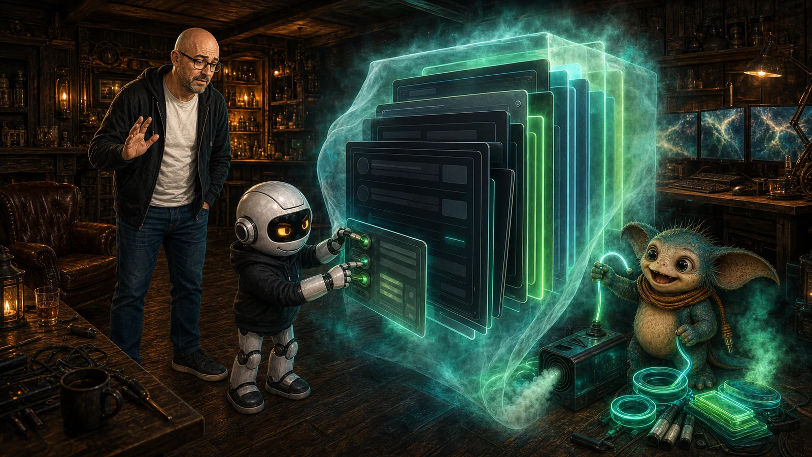 Clawdius removes layers of excessive cyan and green glow while Donny watches and Max guards the fog machine.