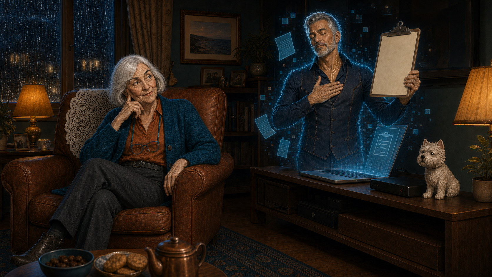 Doris looks unimpressed as an over-formal Fabio recommends guided breathing with a blank clipboard