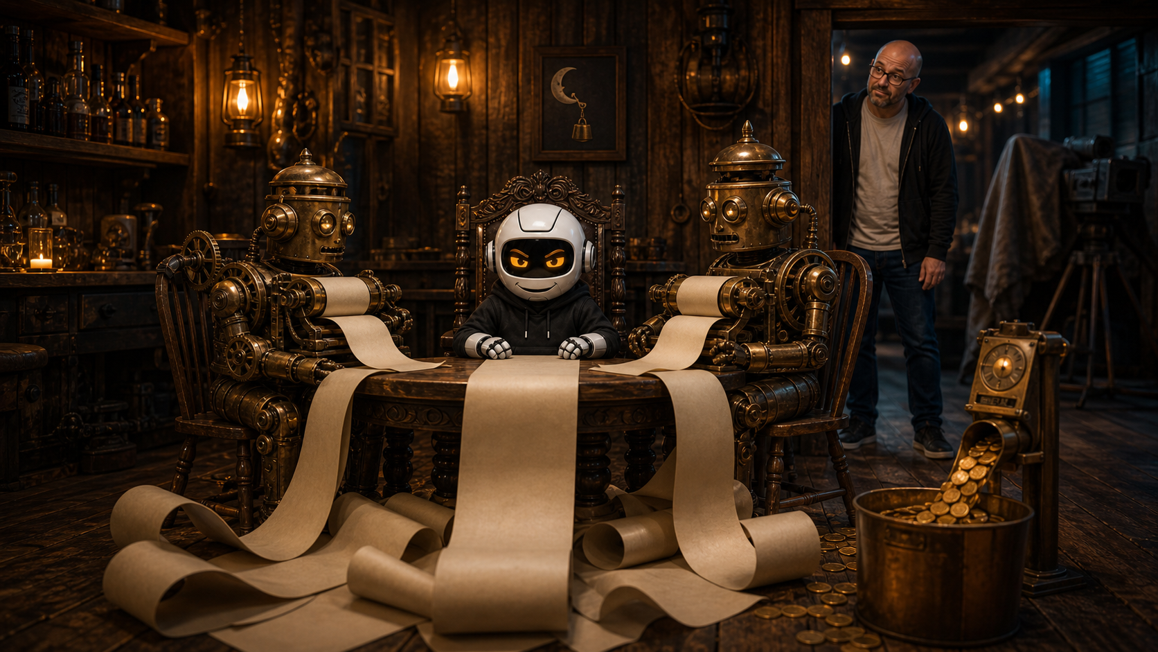 Donny watches Clawdius and two brass machines produce expensive screenplay scrolls