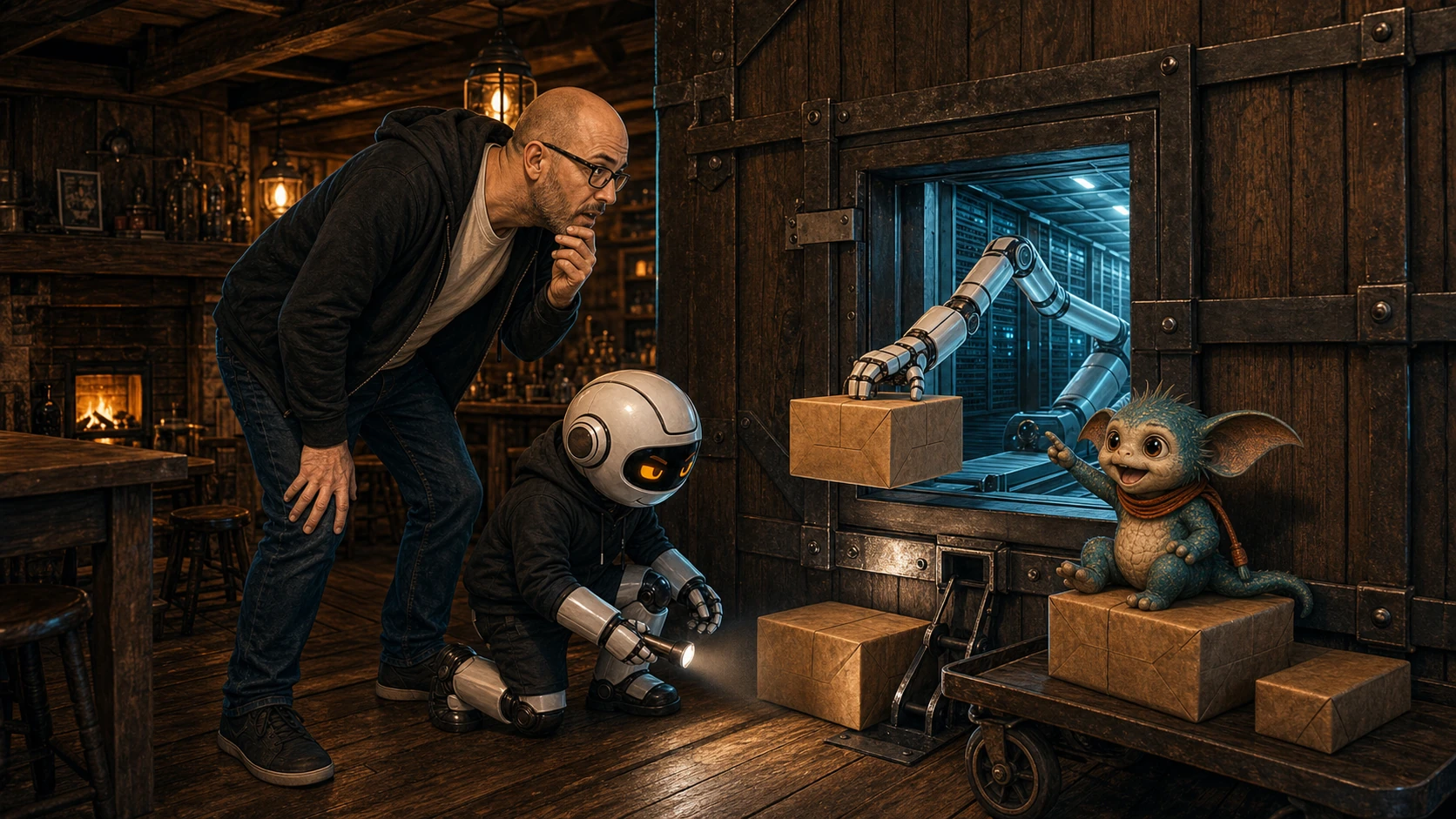 Donny, Clawdius and Max watch a secure serving hatch open into a server corridor