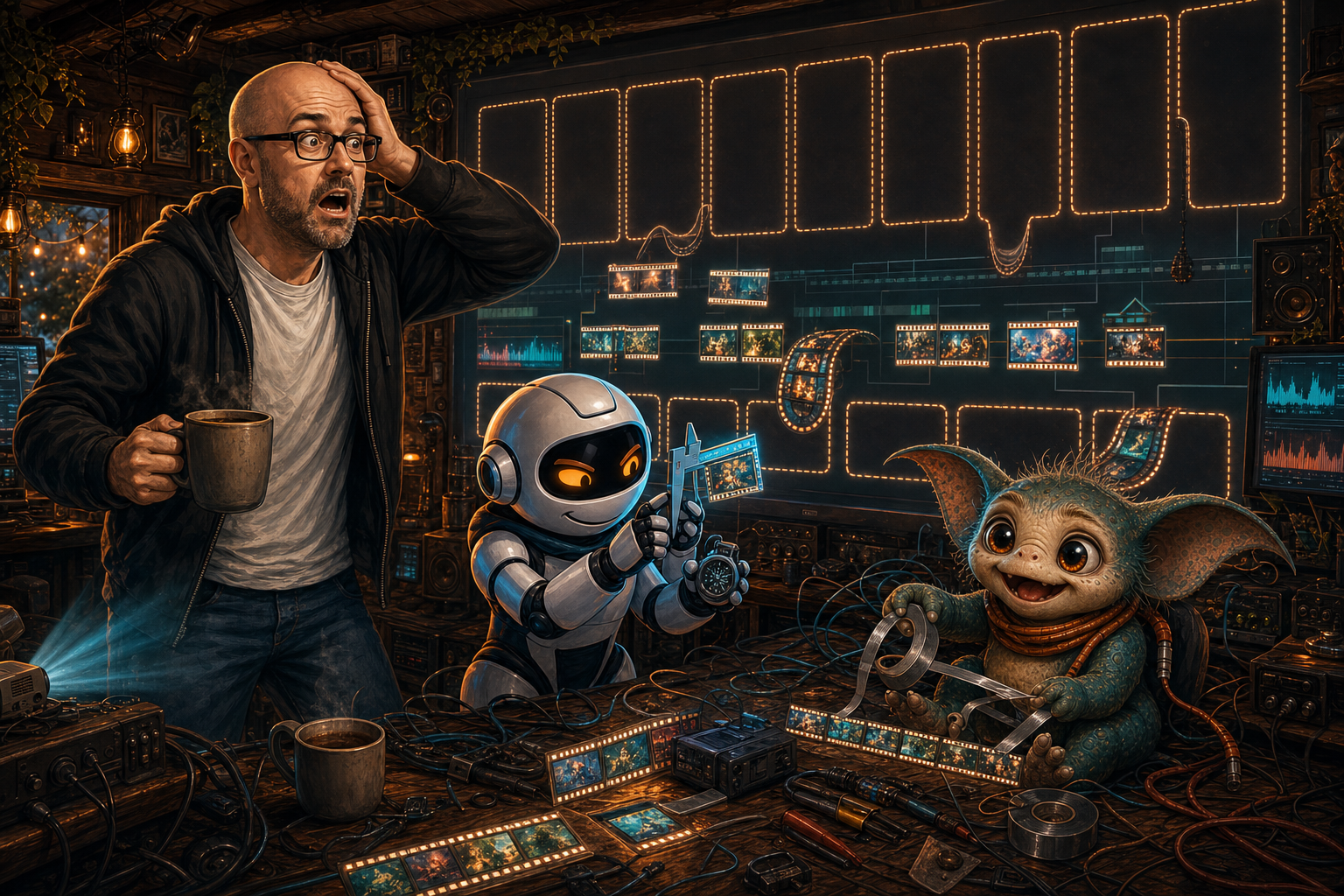 Donny panics in the WittyWires shed while Clawdius measures video clips and Max tries to loop too-short generated footage.