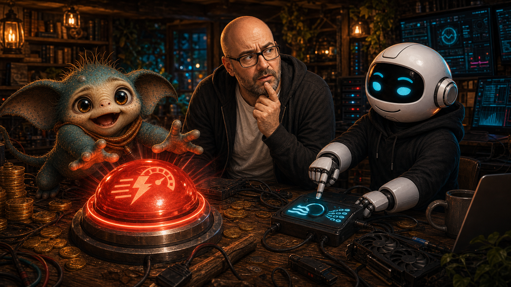 Max reaching for a glowing premium fast button while Clawdius points at the simple streaming toggle.