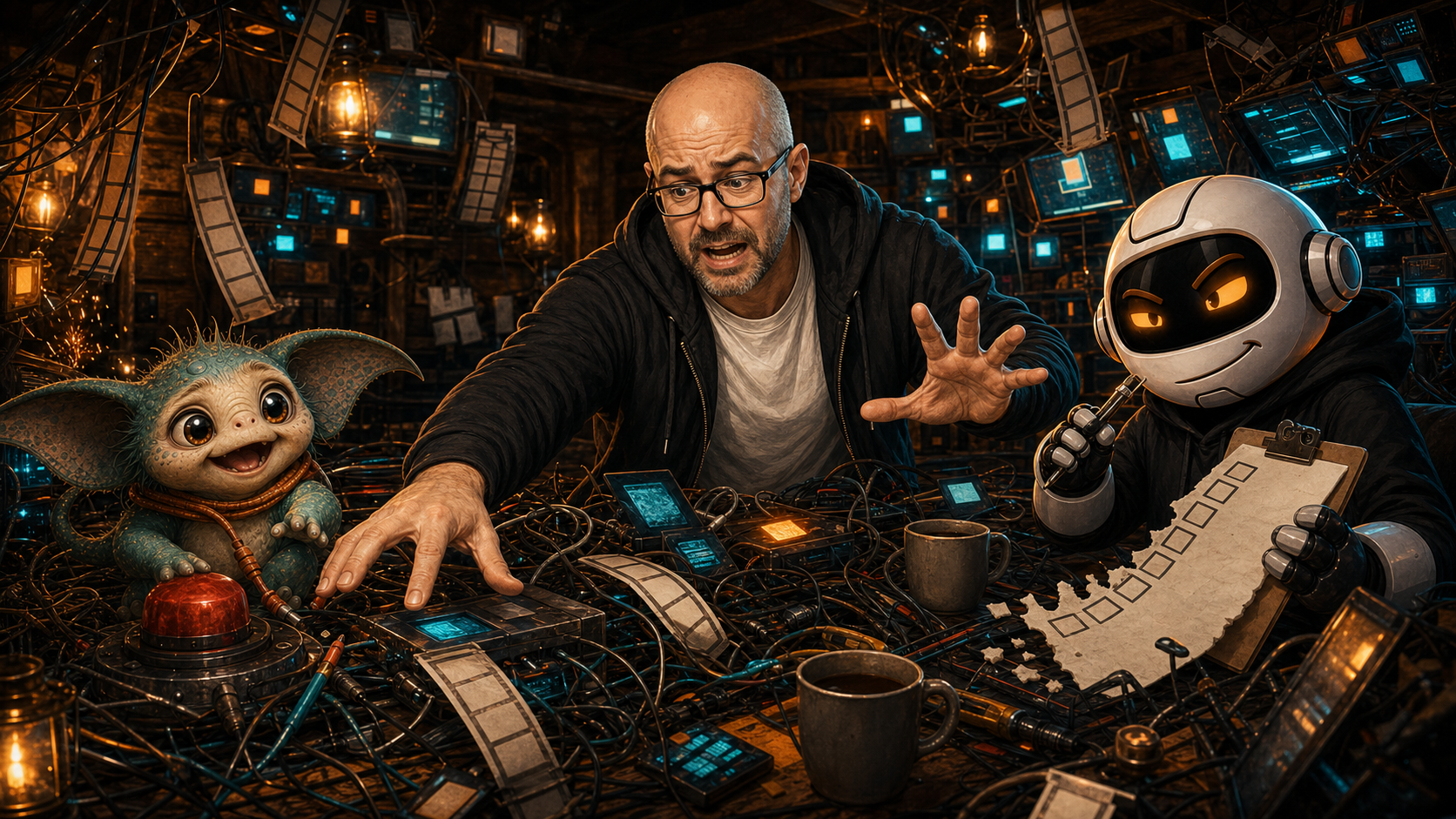 Reference-conditioned WittyWires image of Donny, Clawdius and Max during the final hackathon submission panic.
