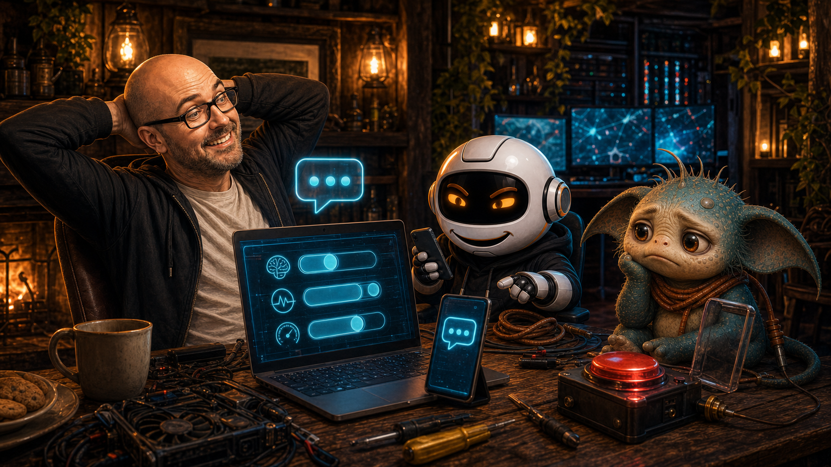 Clawdius finally speaking through chat bubbles while Donny relaxes at the WittyWires shed dashboard.