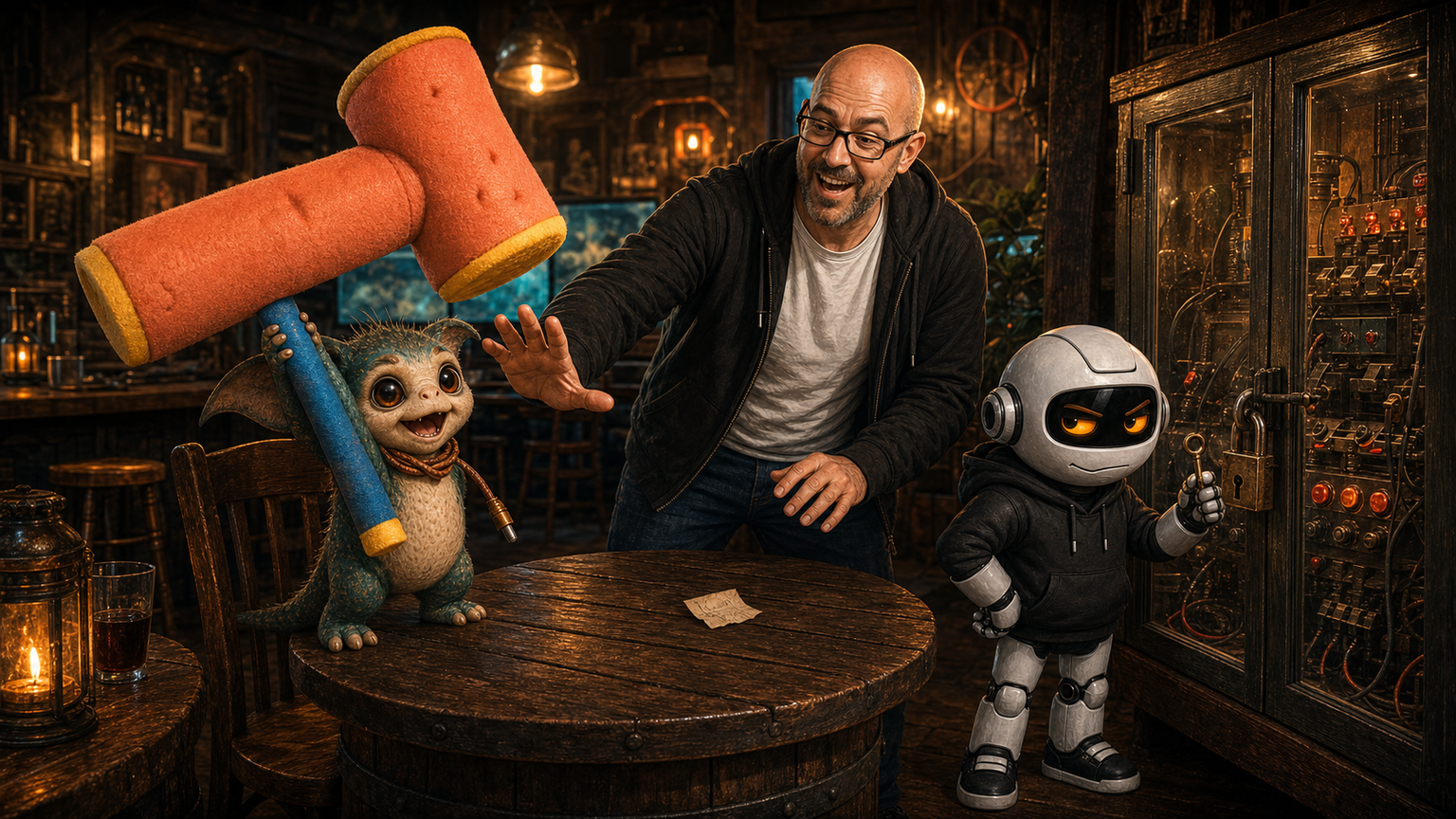 Max Gubbins brandishes an oversized foam ban-hammer while Donny and the WittyWires agents look on.