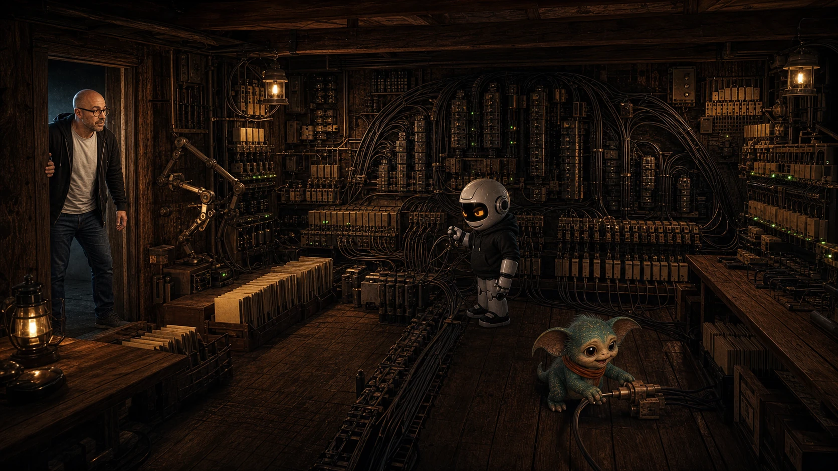 Donny, Clawdius and Max discover cables and ordinary machinery arranged like one distributed system