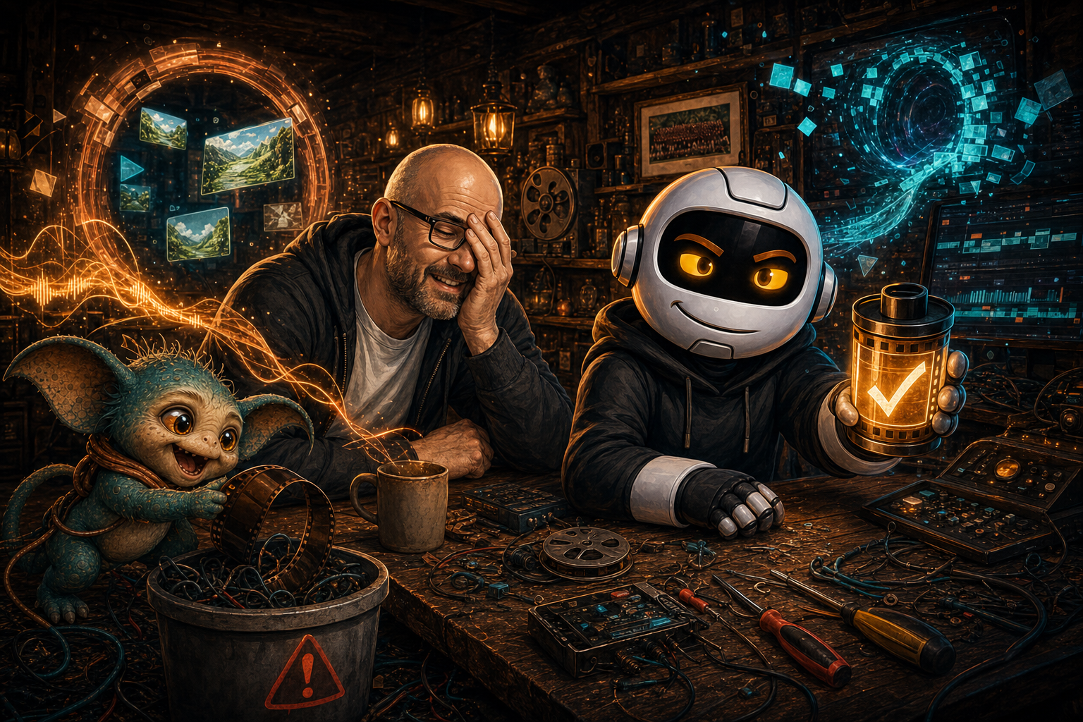 Clawdius holds verified media evidence while Donny looks exhausted and Max tries to sneak a fallback clip into the chaos.