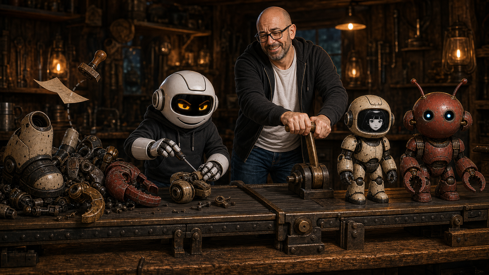 Donny and Clawdius repair rejected robot fragments before Hermes and OpenClaw emerge intact