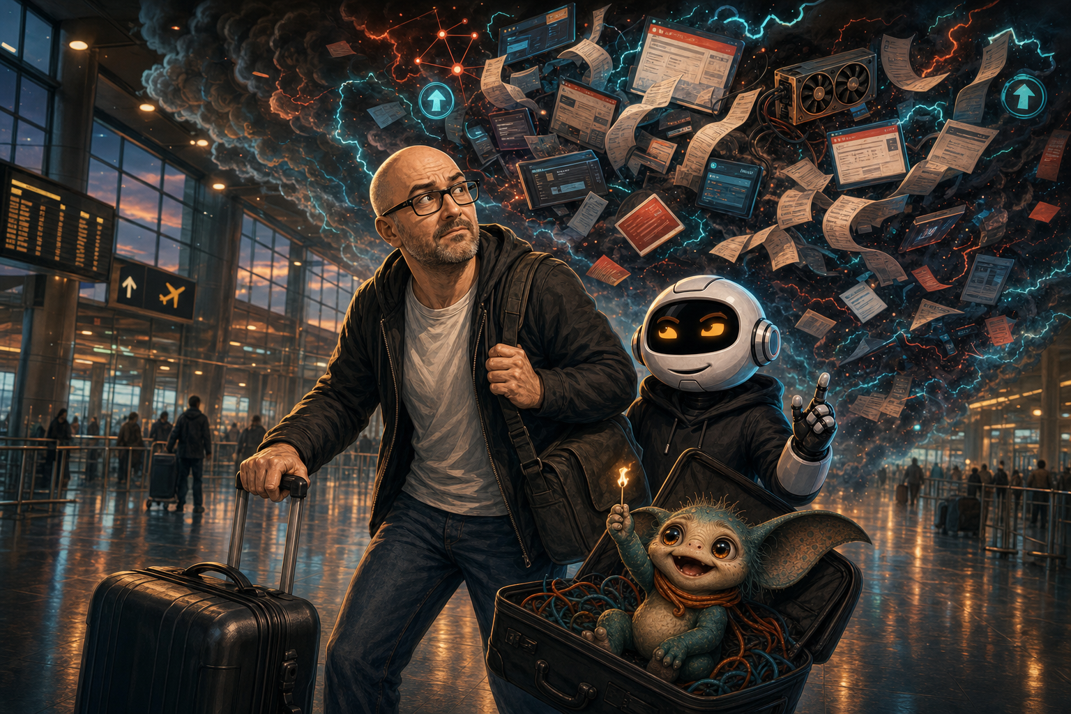 Donny arrives with a suitcase as Clawdius and Max face a glowing storm of deadlines, compute sparks and project chaos.